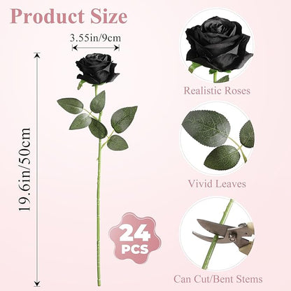 Nubry 24pcs Artificial Silk Roses Bulk,Fake Roses Flower with Stems Realistic Flowers for Wedding Centerpiece Home Party Decor(Black)
