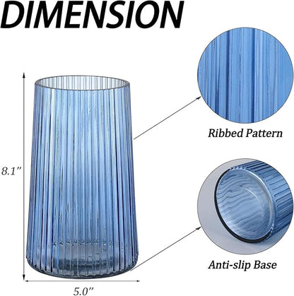 Blue Glass Vase for Flower, Flower Vase for Bouquet, Modern Glass Vases, Ribbed Vases for Living Room, Bedroom, Dining Table, Office, Wedding, Centerpieces, 8 Inches