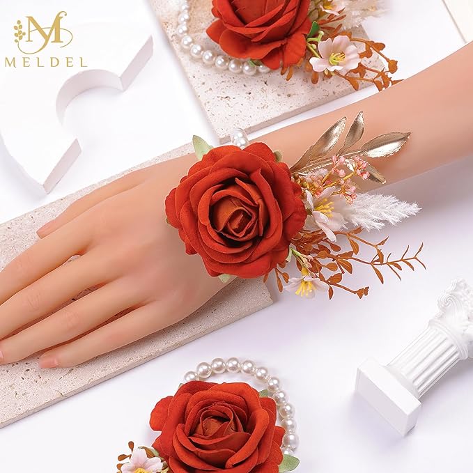 Meldel Burnt Orange Wrist Corsage and Boutonniere Set, Flower On Wrist for Bride Bridesmaid Wedding, Boutonniere for Men Groom Groomsman Wedding Accessories Prom Party Suit Decorations