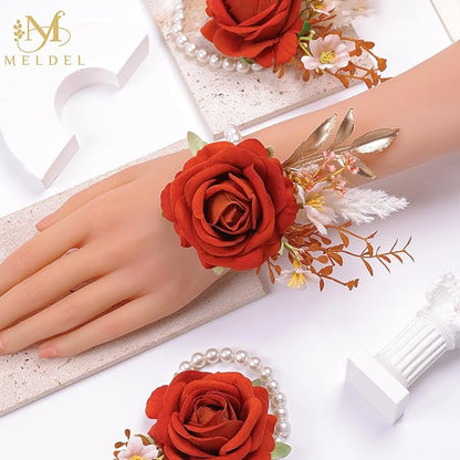 Meldel Burnt Orange Wrist Corsage and Boutonniere Set, Flower On Wrist for Bride Bridesmaid Wedding, Boutonniere for Men Groom Groomsman Wedding Accessories Prom Party Suit Decorations