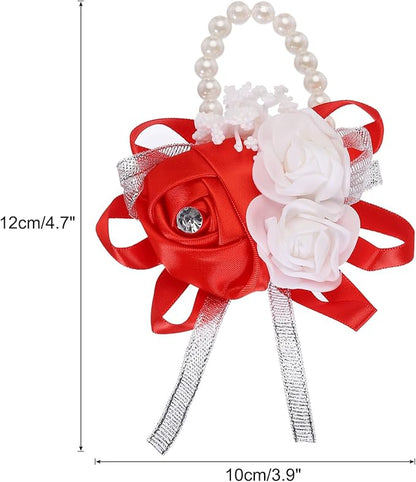 MECCANIXITY Wrist Corsage Artificial Flower Bracelets Rose Wrist Bride Groom Decorative for Wedding Ceremony Prom Party Anniversary Red