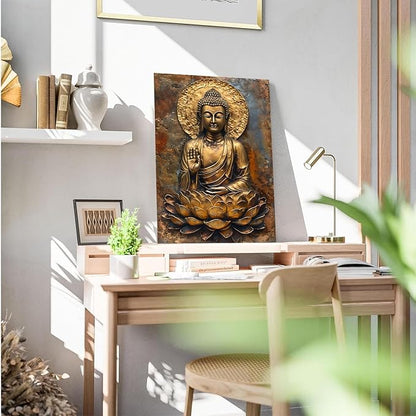 Buddha Wall Art Golden Buddha in Lotus Seat Serene spiritual statue radiant aura Meditation and mindfulness wall art suitable for sacred spaces 12x18in Frameless