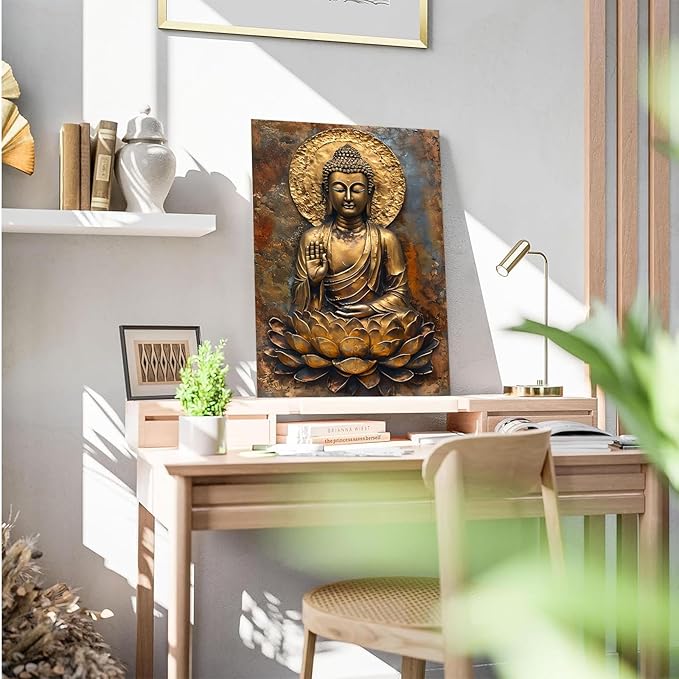 Buddha Wall Art Golden Buddha in Lotus Seat Serene spiritual statue radiant aura Meditation and mindfulness wall art suitable for sacred spaces 16x24in Wood Framed