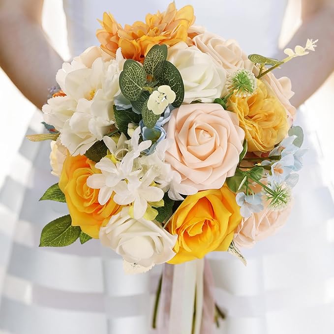 Artificial Flowers Combo Box Set Artificial Bouquets Wedding Flowers Faux Orange Flowers Roses with Stems for Wedding Centerpieces Party Home Decor