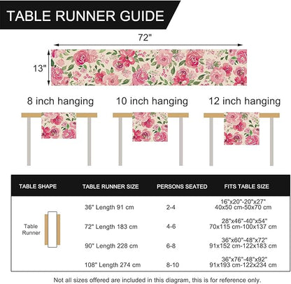 Seliem Spring Summer Watercolor Flower Table Runner, Pink Peony Floral Kitchen Dining Table Decor, Seasonal Burlap Home Decoration Indoor Outdoor Party Supply 13 x 72 Inches