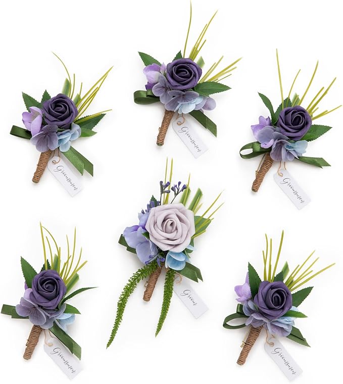 Ling's moment Boutonniere for Men, 6pcs Groom Groomsmen Boutonniere, Artificial Flowers for Wedding Decor/Prom/Homecoming, etc.Purple