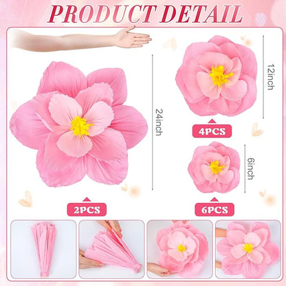 Giant Paper Flowers Artificial Large Paper Flower Decoration for Handcrafted Wall Backdrop Christmas Mexican Wedding Graduation Bridal Shower Birthday Party Supplies(Gradient Pink,12 Pcs)