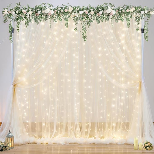 Champagne Tulle Photo Backdrop Curtain with Lights String for Parties Wedding Bridal Shower Sheer Champagne Curtain Backdrop for Birthday Baby Shower Photo Booth Photography 10ft x 8ft