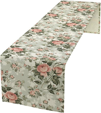 Rose Floral Table Runner, Green Pink Rose Leaf Classic Vintage Decorative Table Runner for Kitchen Dining Party Wedding Home Decor, 13x70 Inch