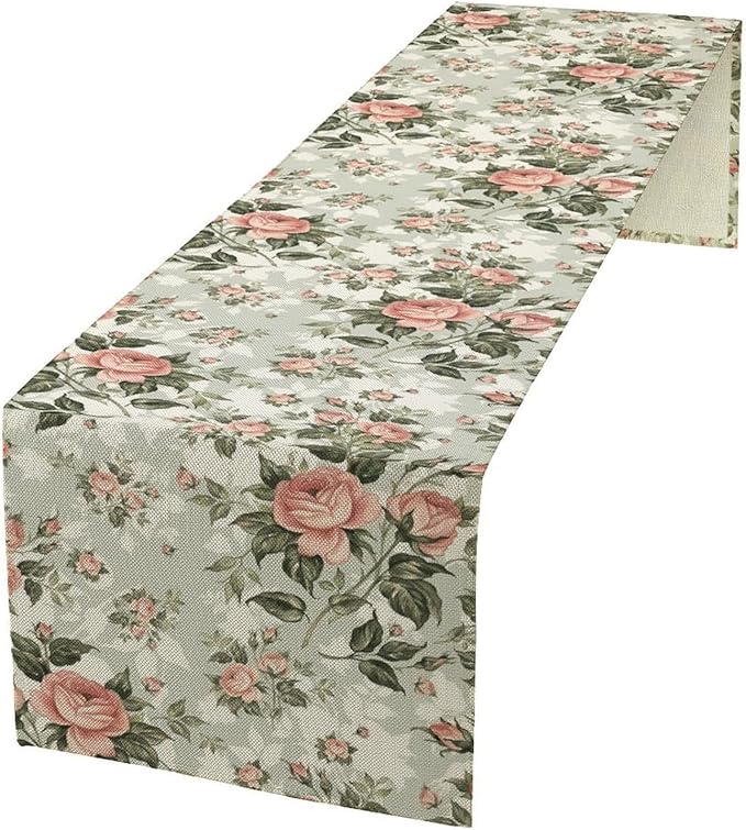 Rose Floral Table Runner, Green Pink Rose Leaf Classic Vintage Decorative Table Runner for Kitchen Dining Party Wedding Home Decor, 13x90 Inch