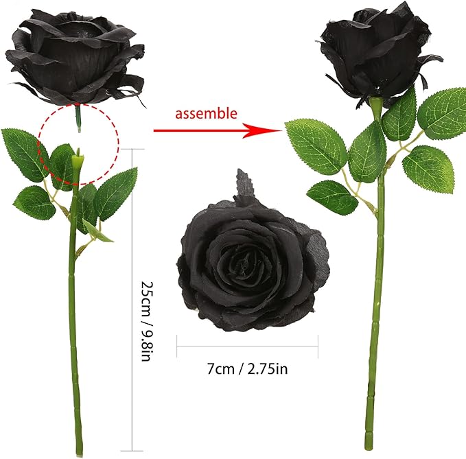 Felice Arts 12 Pack Black Roses Artificial Silk Flowers, Realistic Fake Roses Bouquet with Short Bendable Stems for Home Kitchen Vase Arrangements Wedding Centerpiece Halloween Party DIY Decor