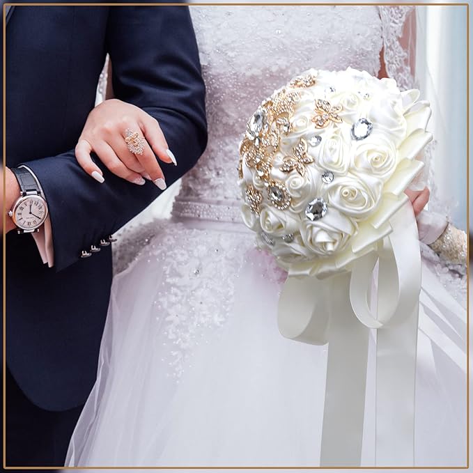 Handmade Brooch Wedding Flowers Bridal Bouquets Crystal Bride Holding Bouquet White Ivory Satin Roses with Diamond Pearl Ribbon (Luxury-Glod)