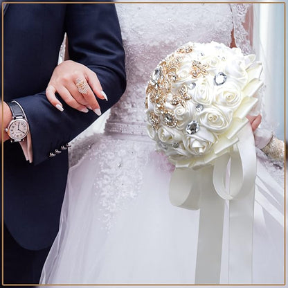 Handmade Brooch Wedding Flowers Bridal Bouquets Crystal Bride Holding Bouquet White Ivory Satin Roses with Diamond Pearl Ribbon (Luxury-Glod)