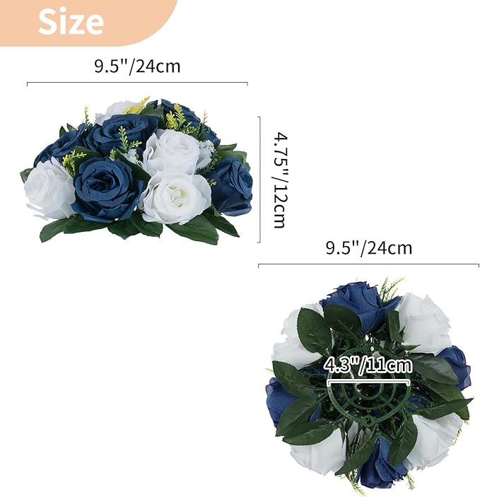 NUPTIO Artificial Flower Centrepieces for Tables - 2 Pcs 9.5in Diameter Navy Blue & White Fake Flowers Roses Balls - Silk Faux Rose Arrangement for Wedding Party Centerpiece Table Decorations