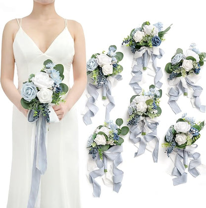 Ling's moment Artificial Flowers Dusty Blue Bridesmaid Bouquet Set of 6, Blue & White Wedding Flowers Bouquets for Bridesmaids, 7 Inch Bridal Bouquets for Bridesmaids