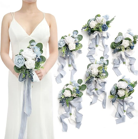 Ling's moment Artificial Flowers Dusty Blue Bridesmaid Bouquet Set of 6, Blue & White Wedding Flowers Bouquets for Bridesmaids, 7 Inch Bridal Bouquets for Bridesmaids