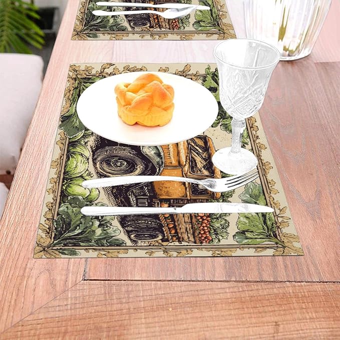 PVC Placemats Set of 6 Wipeable Table Mats Washable Heat Resistant Non Slip Vinyl Dining Table Mat for Kitchen Indoor Outdoor Patio Farmhouse Place Mats Retro Fall Truck Decorative