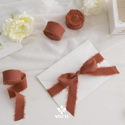 MEEDEE Orange Chiffon Ribbon 1 Inch Frayed Ribbons Terracotta Silk Rust Ribbon Thin Chiffon Ribbons for Crafts, Gift Wrapping, Wedding Invitation (3 Rolls 21 Yards)