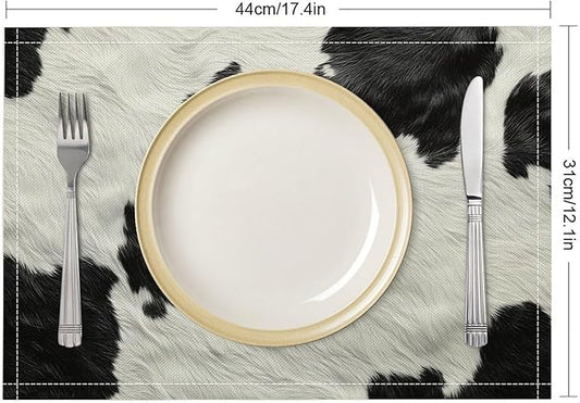 Cow Print Placemats Set of 4 Western Rustic Farmhouse Abstract Cowhide Print Art Printed Dining Table Mats for Restaurant Home Kitchen Holiday Decor 12x18in