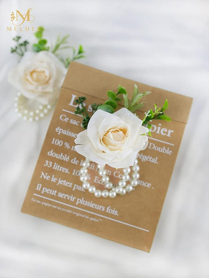 Meldel Wrist Corsage for Wedding(Set of 6),Artificial Champagne Rose Eucalyptus Pearls Wristband Corsages for Bride Bridesmaids Wedding, Women Mother Wrist Flower for Prom Party Anniversary Decor