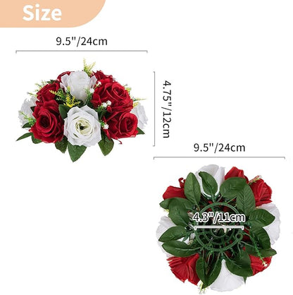NUPTIO Artificial Flower Centrepieces for Tables - 6 Pcs Crimson & White Fake Flowers Roses Balls 9.5in Diameter - Silk Faux Rose Arrangement for Wedding Party Centerpiece Table Decorations