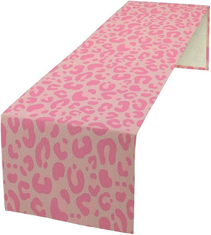 Pink Leopard Print Table Runner, Vintage Animal Skin Farmhouse Cottage Country Western Wildlife Safari Dinner Runner for Kitchen Dining Table Party Holiday Decor 13x60in