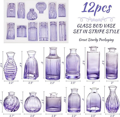 Glass Bud Vases Set of 12, Small Purple Vase Glass Vases for Flowers Modern Ribbed Colored Bud Vase for Decor Wedding Flower Vase in Bulk Vintage Decor Bridal Shower Centerpieces Home Table Decoration