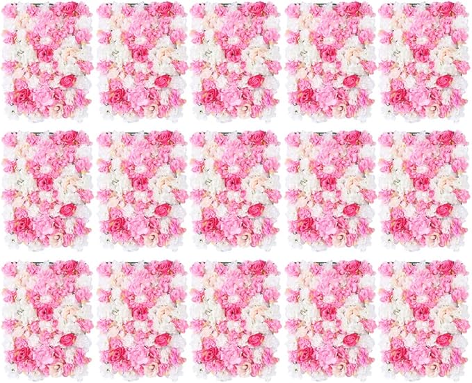 LOYALHEARTDY 15 Pack Artificial Flower Wall Panels 24" x 16" Pink&White Faux Hydrangea and Rose Artificial Flower Backdrop Panels for Wedding Party Event Flower Wall Decor