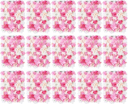LOYALHEARTDY 15 Pack Artificial Flower Wall Panels 24" x 16" Pink&White Faux Hydrangea and Rose Artificial Flower Backdrop Panels for Wedding Party Event Flower Wall Decor