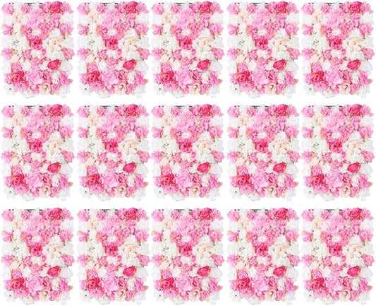LOYALHEARTDY 15 Pack Artificial Flower Wall Panels 24" x 16" Pink&White Faux Hydrangea and Rose Artificial Flower Backdrop Panels for Wedding Party Event Flower Wall Decor