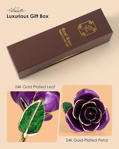 24K Gold Dipped Real Rose – Handcrafted, One of a Kind Gift – Timeless Romantic Present for Birthday, Valentine’s, Mother’s Day, Anniversary (Purple)