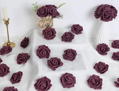 IPOPU Foam Roses Artificial Flowers,100Pcs Stemless Plum Foam Fake Roses Heads 3inch Faux Flower for DIY Crafts, Wall Decorations, Wedding Centerpieces Bouquets, Bridal Shower, Party Home Decor(Plum)