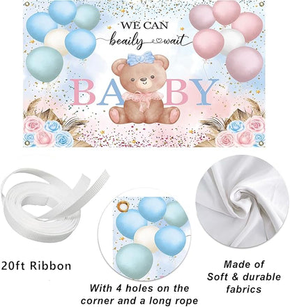 7x5ft Teddy Bear Gender Reveal Party Decorations, We Can Bearly Wait Baby Shower Backdrop, Blue Pink Balloon Floral Banner for Boy or Girl Baby Shower Photography Background
