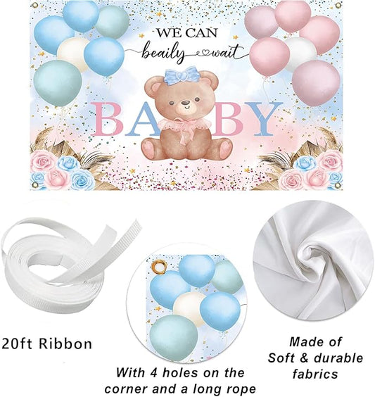 7x5ft Teddy Bear Gender Reveal Party Decorations, We Can Bearly Wait Baby Shower Backdrop, Blue Pink Balloon Floral Banner for Boy or Girl Baby Shower Photography Background