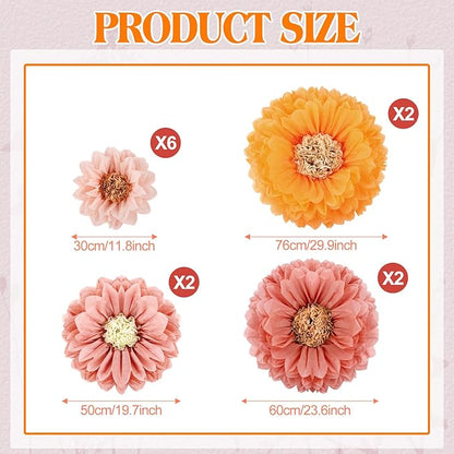 VAIPI 12 Pcs Giant Tissue Paper Flowers Decorations, 30'' 24'' 20'' 12'' Large Crepe Paper Flowers Colorful Pom Poms DIY Craft for Wedding Baby Shower Birthday Party Wall Backdrop Decor