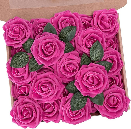 N&T NIETING Artificial Flowers, Foam Roses Perfect for DIY Wedding Bridal Bouquets Centerpieces Bridal Shower Party Home Flower Arrangement Decor 25Pcs, Hot Pink