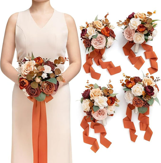 Ling's moment Bridesmaid Bouquet Set of 4, Terracotta Wedding Bouquets for Bridesmaids, 7 Inch Bridal Bouquets for Bridesmaids, Wedding, Ceremony, Anniversary, etc.