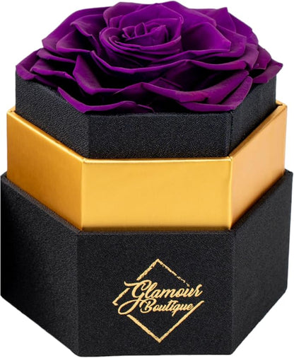 GLAMOUR BOUTIQUE Eternal Preserved Roses in a Box - Flowers Forever, Rose Forever in a Box for Wife, Birthday Gifts for Her, Single Rose, Purple