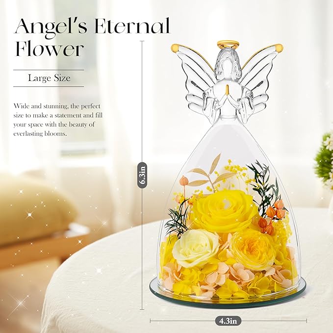 RoseValley Angel Roses Gifts for Mom,Preserved Real Flowers Roses in Glass Angel Figurines,Christmas Birthday Gifts for Grandma Women Mom Wife Mother in Law/Yellow