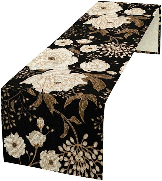 Black Gold Floral Table Runner, Retro Peony Rose Flowers Oriental Style Gothic Garden Print Table Runner for Farmhouse Kitchen Indoor Outdoor Decoration, 13x90inch