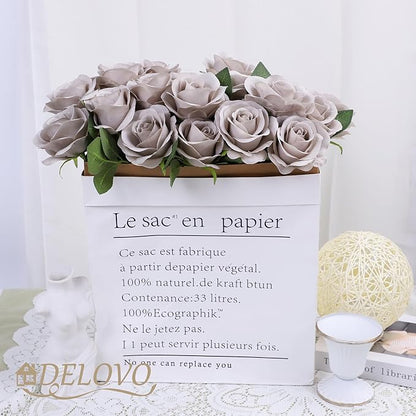 52pcs Grey Roses Artificial Flowers Fake Flowers Silk Roses with Stems for DIY Wedding Bouquets Bridal Shower Centerpieces Arrangements Party Decorations
