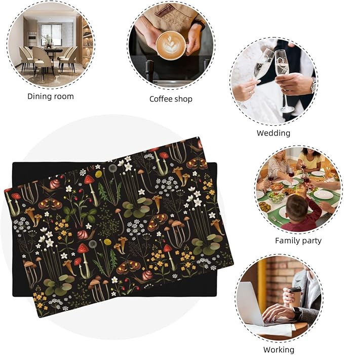 Mushroom Placemats Set of 4,Vintage Forest Moth Table Mats Heat Resistant Washable for Kitchen Dining Table Spring Summer Place Mats Linen 12x18 Inch 4 PCS, Style-4