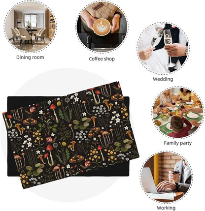 Mushroom Placemats Set of 4,Vintage Forest Moth Table Mats Heat Resistant Washable for Kitchen Dining Table Spring Summer Place Mats Linen 12x18 Inch 4 PCS, Style-4