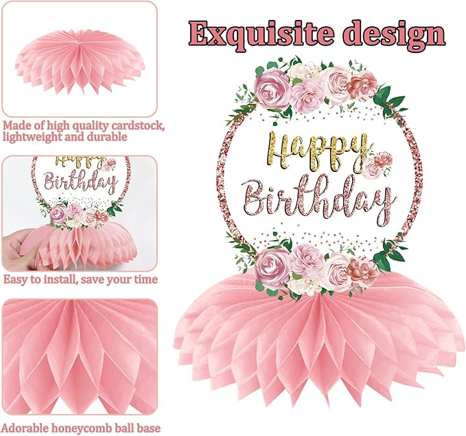 Pink Rose Gold Birthday Decorations Floral Honeycomb Centerpieces for Women Girls, 8pcs Floral Birthday Table Centerpiece Party Supplies, 16th 18th 21th 30th 40th 50th 60th Bday Table Topper