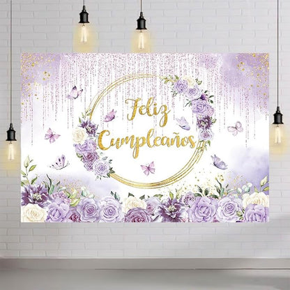 MEHOFOND Feliz cumpleaños Birthday Backdrop Purple Floral Butterfly Baby Shower Party Decorations Baby Girl's Watercolor Floral Glitter Drops Decorations Supplies Banner Photo Booth Studio Prop