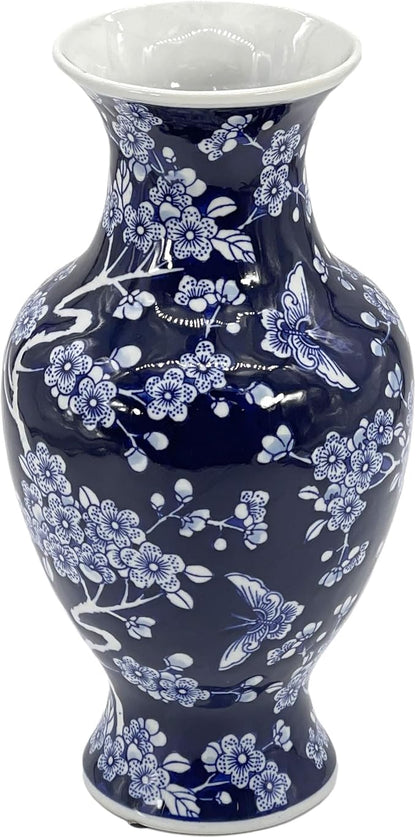 Galt International 14” Hand Painted Chinoiserie Ceramic Vase – Antique Style Porcelain Flower Bottle by Galt International, Fishtail Chinese Vase for Home Decor & Centerpiece - Dark Blue Floral