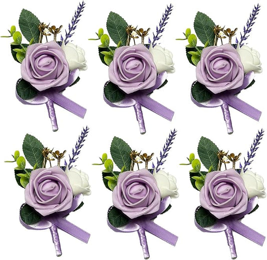 6PCS Purple Lavender Boutonniere for Men, Lilac Boutonniere Pins for Men Groomsmen Guest Boutonniere, Artificial Flowers for Wedding Decor Prom Homecoming