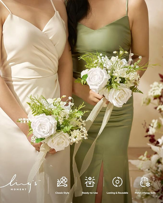 Ling's moment Artificial Flowers Lily of Valley White Bridesmaid Bouquet Set of 4, Green Wedding Flowers Bouquets for Bridesmaids, 7 Inch Bridal Bouquets for Bridesmaids, Wedding, etc