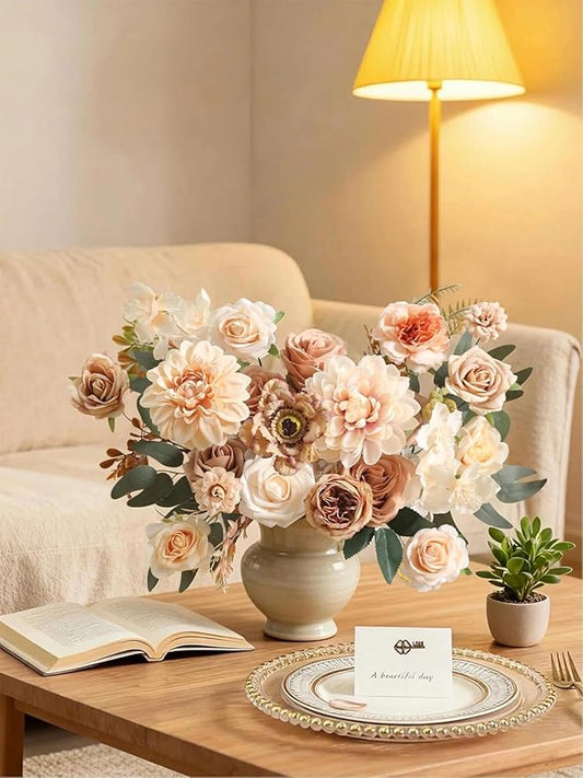 Artificial Flowers Combo Fake Roses Silk Flowers with Stems for DIY Wedding Bridal Bouquets Table Centerpieces Cake Birthday Baby Shower Wedding Anniversary Home Decorations(Champagne Nude)