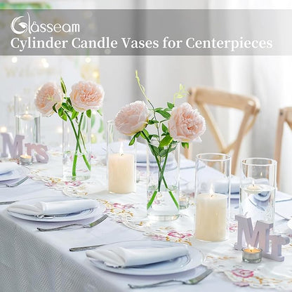 Glasseam Glass Cylinder Vases for Centerpieces, Clear Flower Vase Set of 12, Modern Floating Candle Vases Decor, Decorative Hurricane Pillar Candle Holders for Wedding Dining Table Decorations, 8in